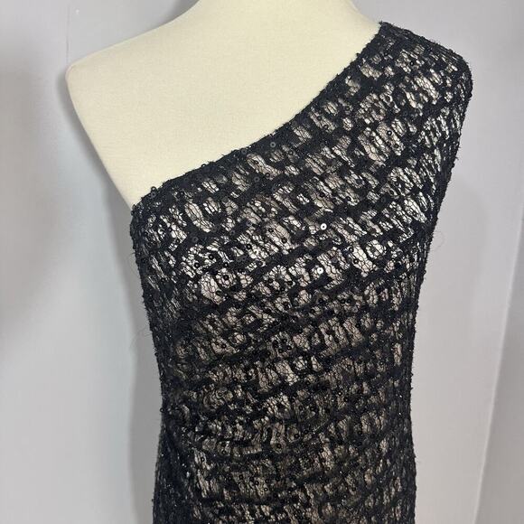 David Meister Black Lace One Shoulder Sequin Cocktail Dress Evening Formal Sz 12 - Picture 7 of 11